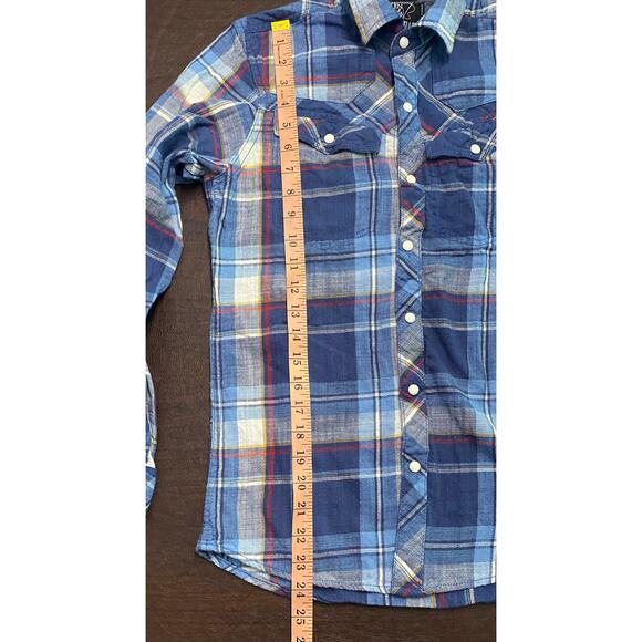 Broken Threads Blue Plaid Pearl Snap Western Shirt Small Coastal Cowgirl Flannel - Picture 5 of 6